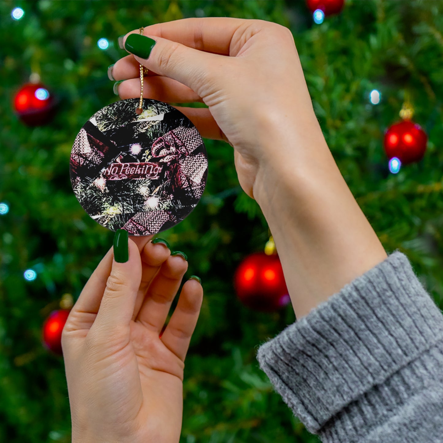 Holiday Ceramic Ornament - "No Peeking" Christmas Decoration
